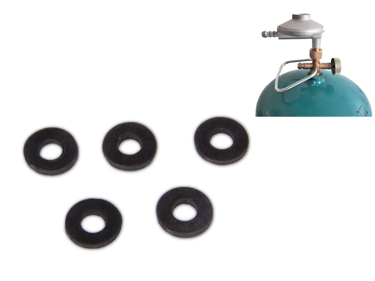 Pięć czarnych uszczelek obok butli z gazem i reduktora. Czy reduktor gazu ma uszczelkę? Tak, jest ona kluczowa dla szczelności.