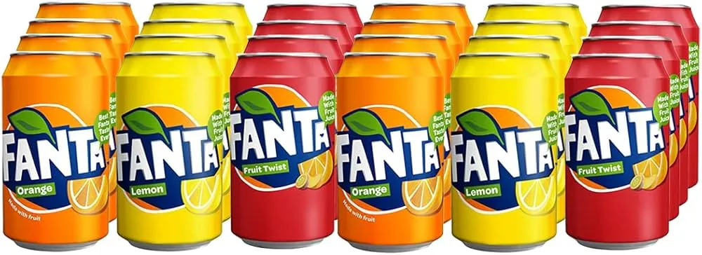 Fanta butelki i puszki z etykietami