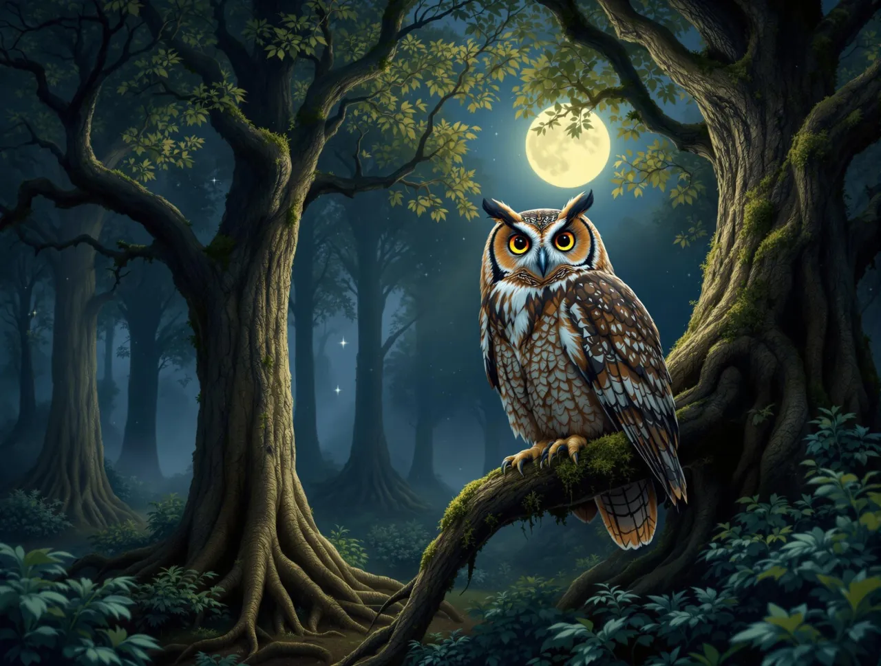 Sowa na gałęzi w mrocznym lesie, pod pełnią księżyca. Sowa jest symbolem mądrości, tajemnicy i nocy.