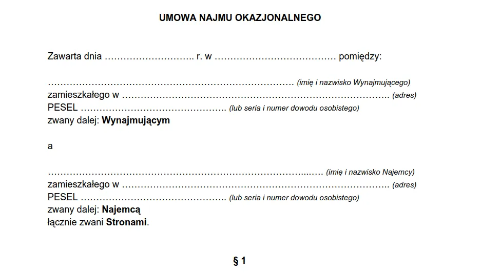 umowa najmu okazjonalnego załączniki