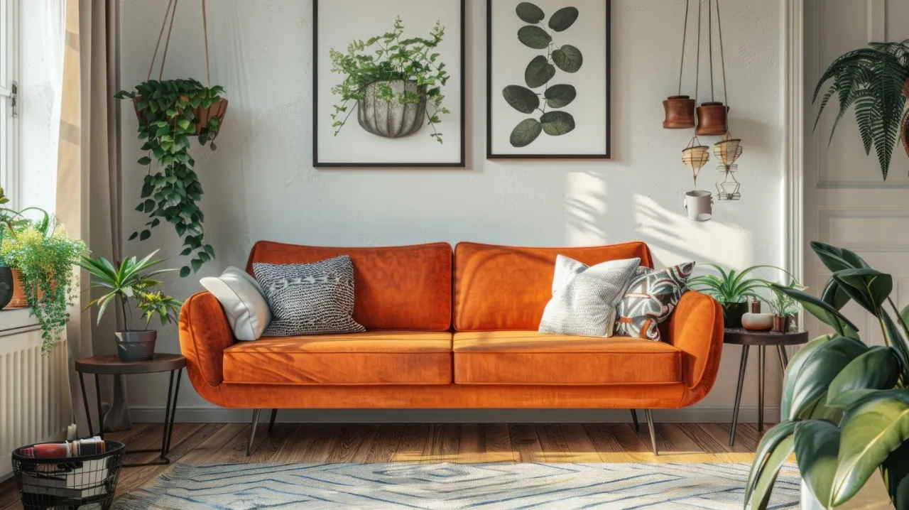 dodatki do rudej kanapy poduszki dywany