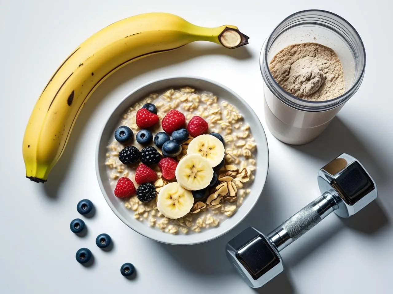 Idealne co jeść przed treningiem crossfit: owsianka z owocami, banan, odżywka białkowa i hantle.