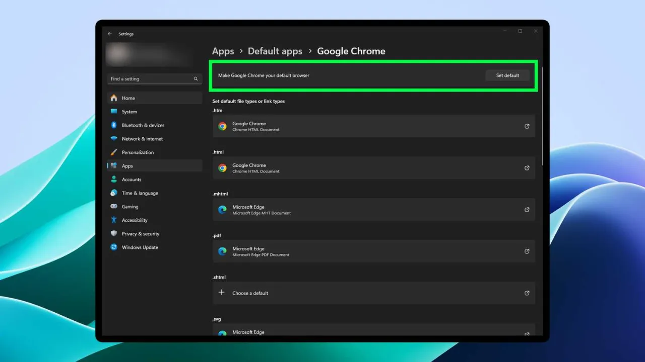 Ustaw domyślną przeglądarkę Windows 11 na Chrome. Ekran Ustawienia > Aplikacje > Domyślne aplikacje > Google Chrome.