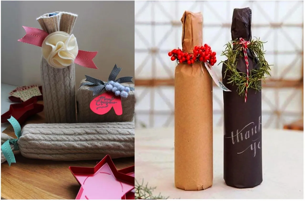 pakowanie prezent&oacute;w nietypowe kształty, pakowanie butelki prezentowej