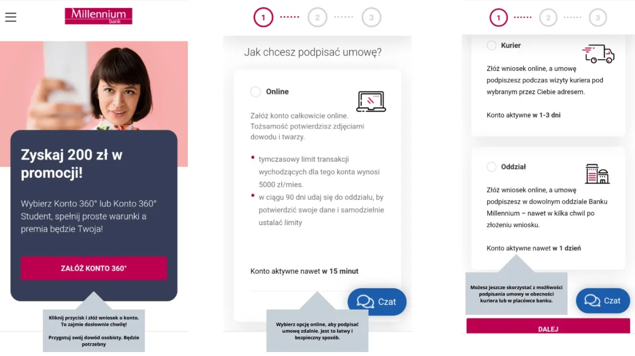 Jak zmienić limit w aplikacji Millennium? Proces otwierania konta online, z opcją potwierdzenia tożsamości zdjęciami dowodu i twarzy.