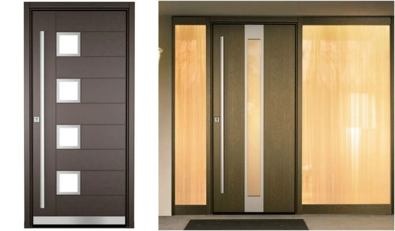 Nowoczesne drzwi wejściowe dębowe z przeszkleniami i pionowymi panelami, dodające elegancji i światła.