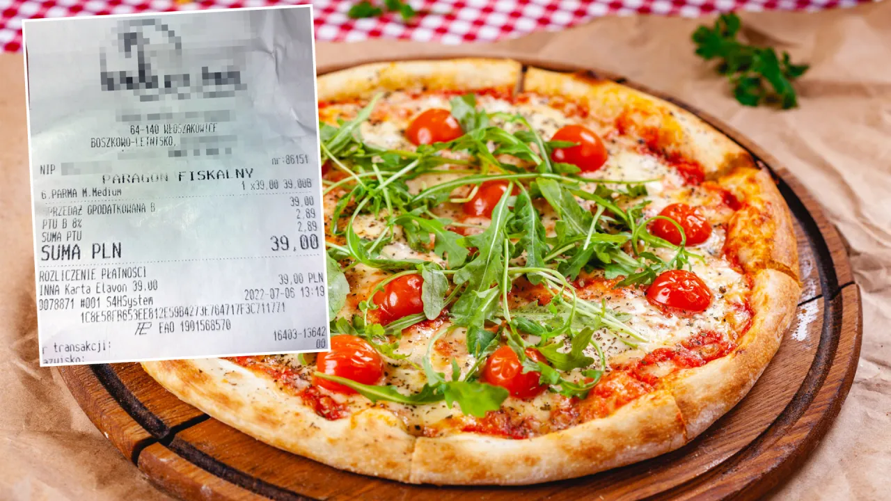Paragon fiskalny pokazuje, że pizza kosztuje 39 PLN.