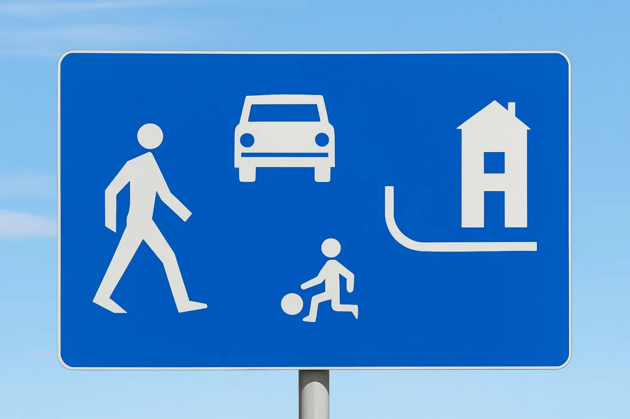 Niebieski znak z białymi piktogramami: pieszy, samochód, dziecko z piłką, dom. Co oznacza biały znak z czarną kreską? To strefa zamieszkania.