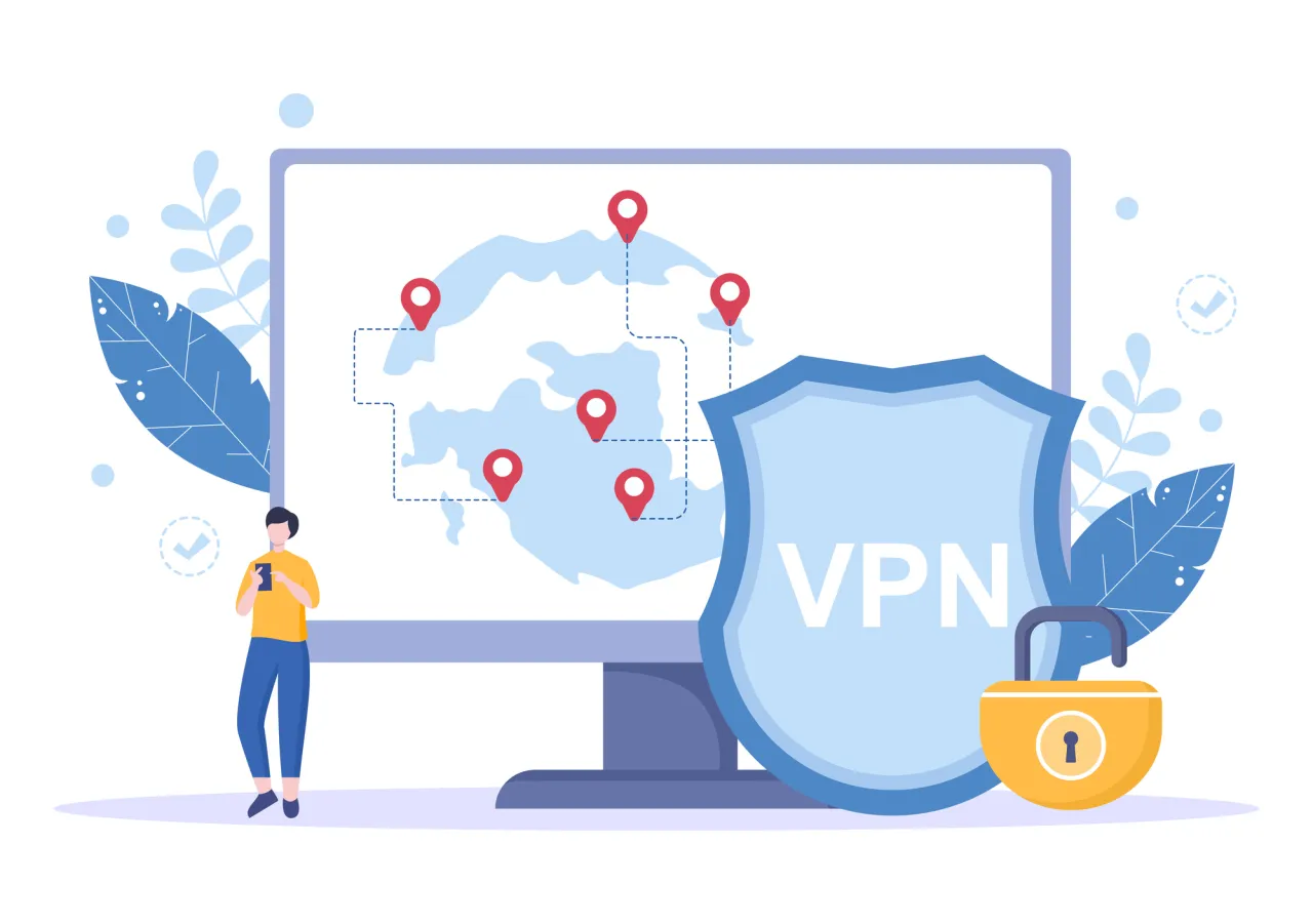 Osoba korzysta z telefonu, a na ekranie komputera widać mapę z lokalizacjami i tarczę z napisem VPN.