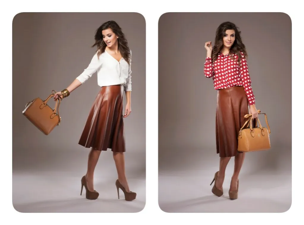 eleganckie stylizacje skórzana spódnica szpilki botki