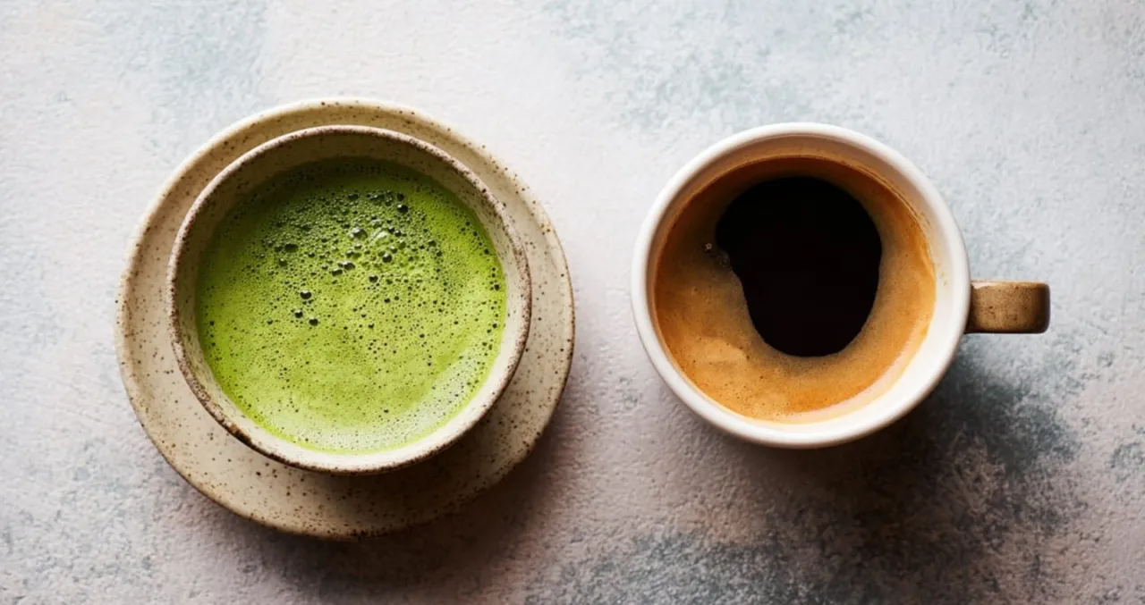 Matcha latte i kawa obok siebie