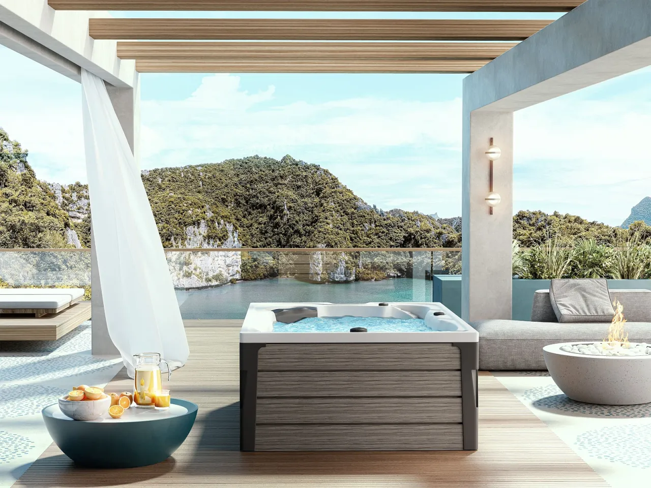 Nowoczesne jacuzzi ogrodowe z widokiem na góry i wodę. Idealne miejsce na relaks, pokazujące, jak zabudować jacuzzi ogrodowe.