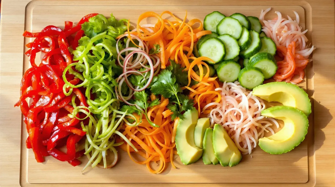 Kolorowe warzywa do sushi: papryka, og&oacute;rek, marchewka, awokado, cebula i kiełki. Idealne składniki do przygotowania pysznych rolek.