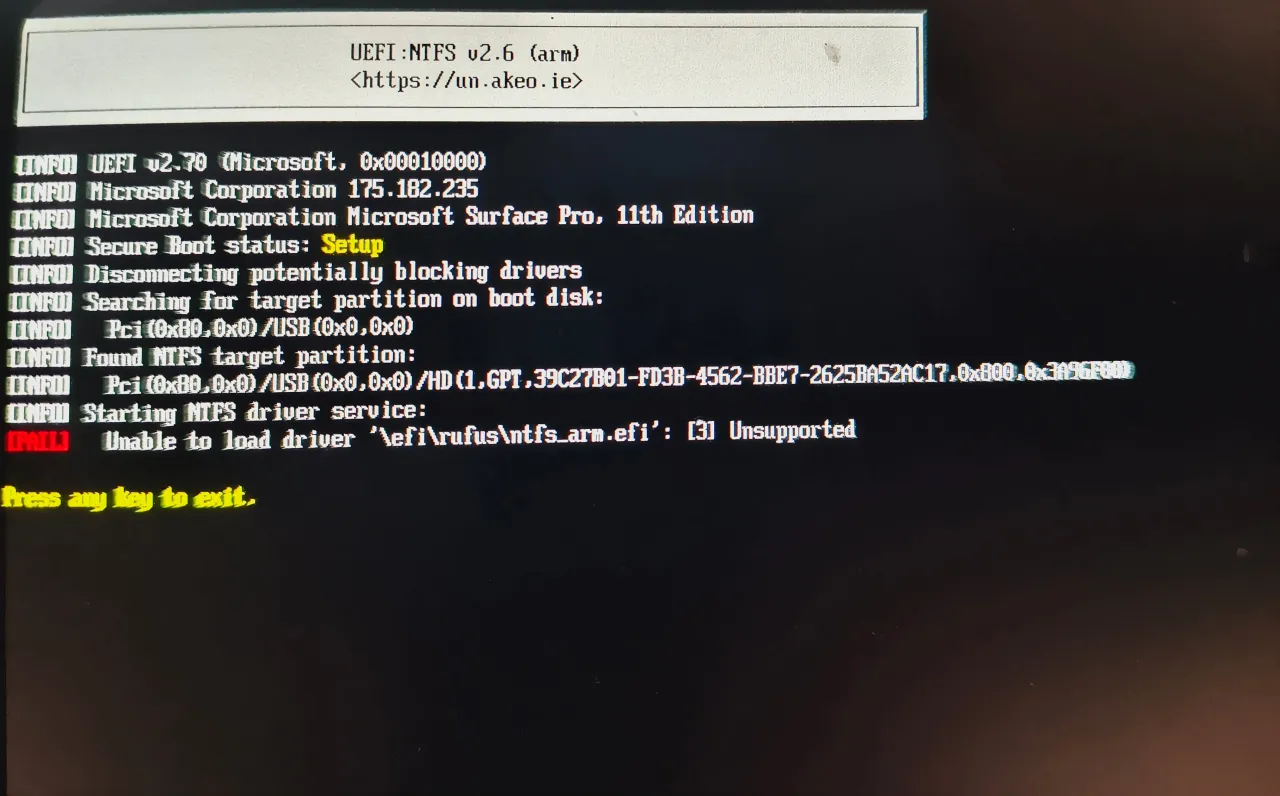 [FAIL] Nie można załadować sterownika partycji systemowej EFI. Naciśnij klawisz, aby wyjść.