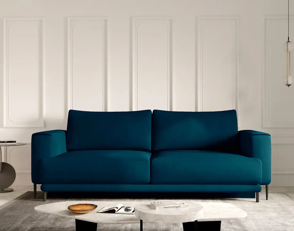 granatowa kanapa odważne kolory ścian inspiracje