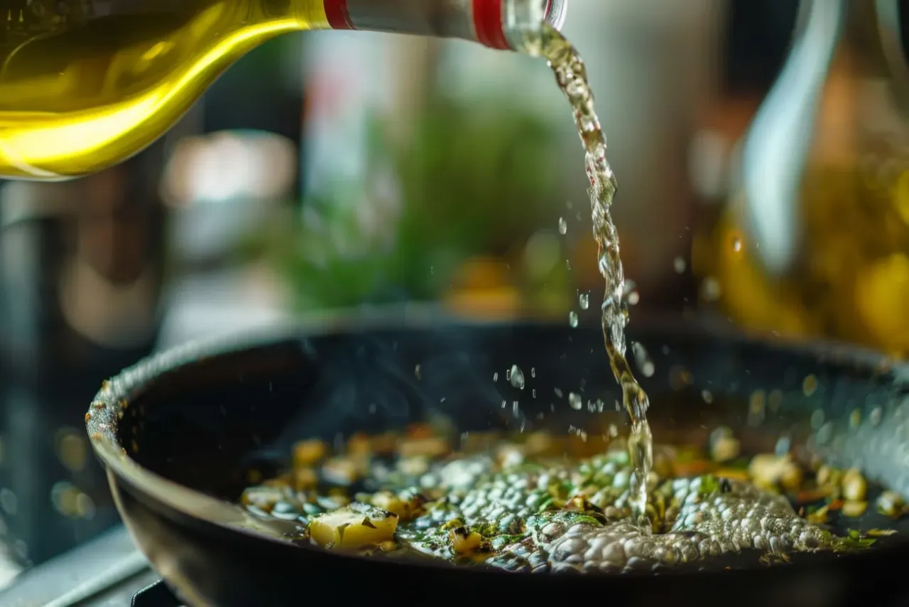 Płyn wlewany z butelki do patelni z resztkami pieczeni. Tak powstaje pyszny sos z tłuszczu po upieczeniu.