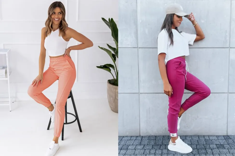 Stylizacje różowe spodnie biała bluzka