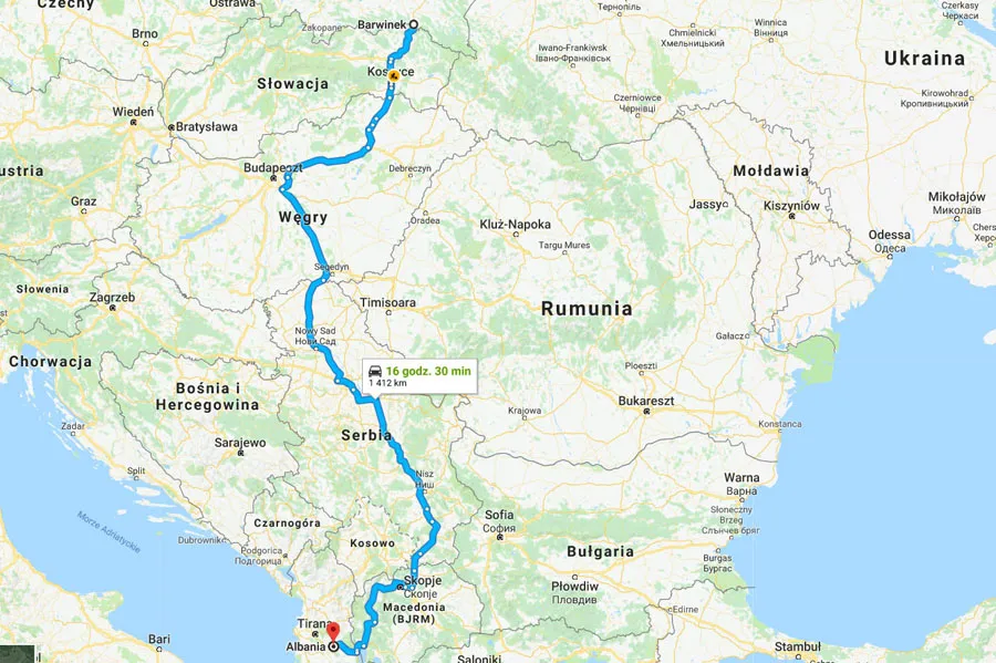 Mapa trasy autokarem Polska Albania