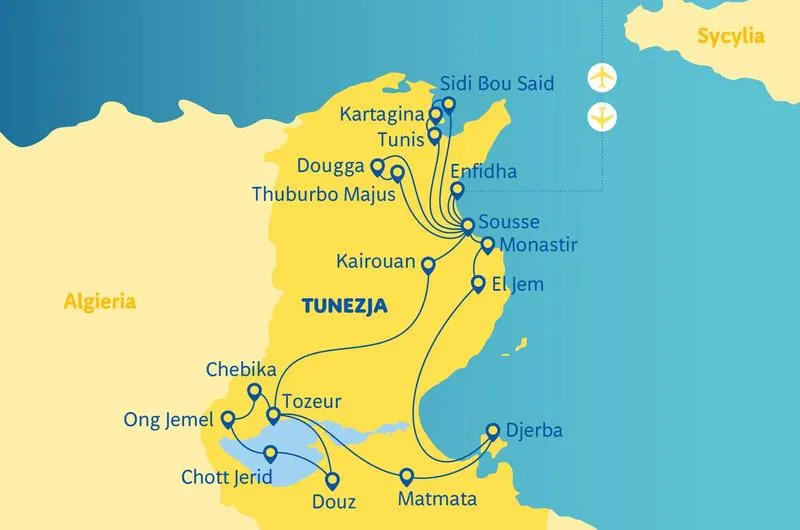 Mapa lotnisk Tunezja