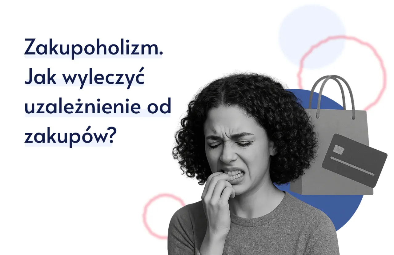 Kobieta zamyślona przed witryną sklepową, z kartami kredytowymi w ręku