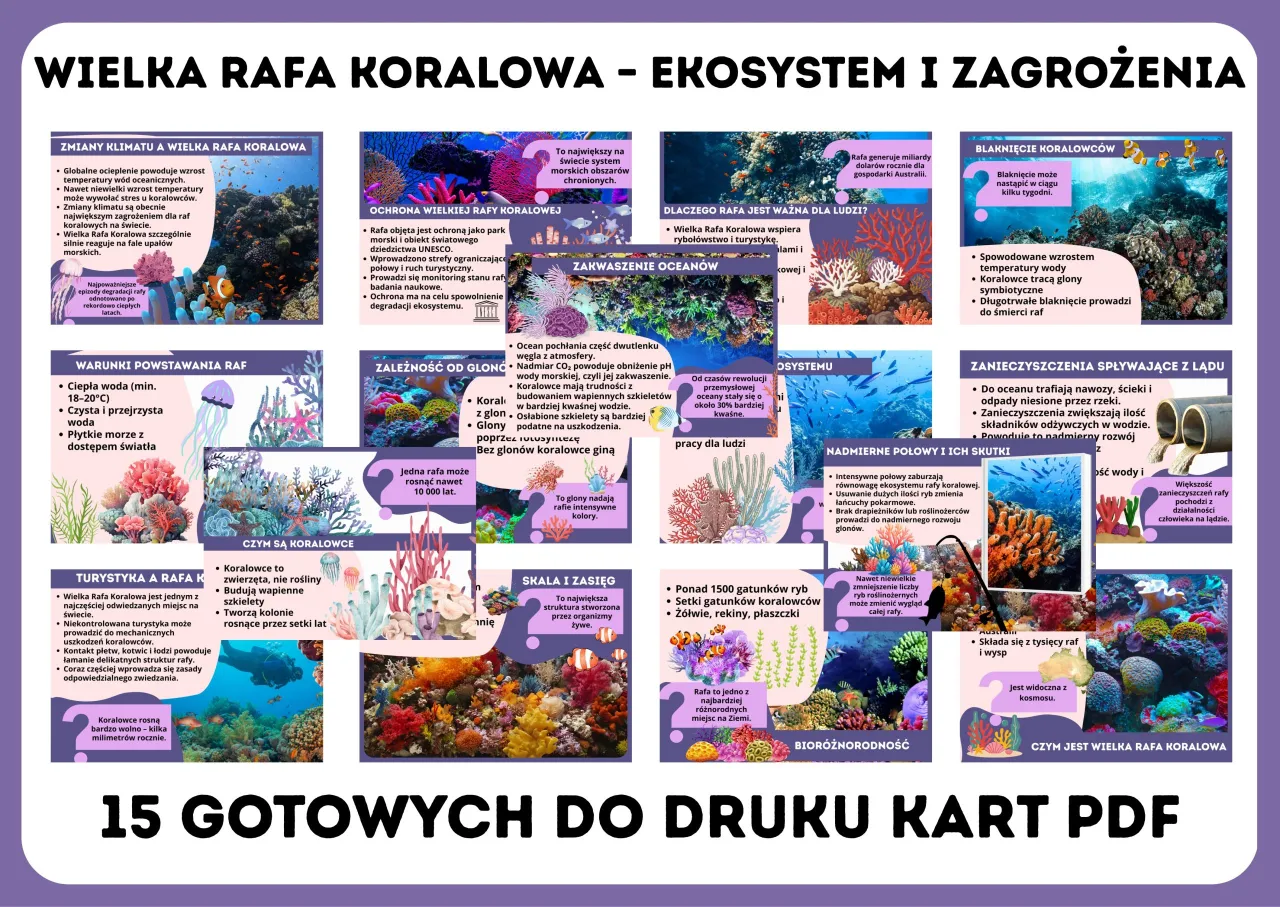 Wielka Rafa Koralowa zagrożona wyginięciem przez zmiany klimatu, zanieczyszczenia i nadmierne połowy. Kolorowe rafy pełne życia, ale wrażliwe na ocieplenie.