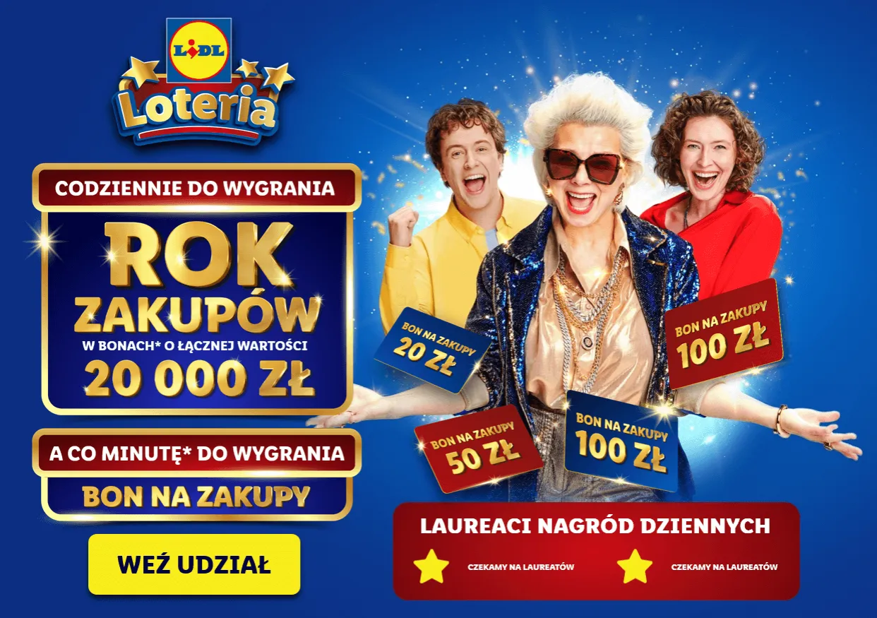 Lidl Loteria: wygraj rok zakup&oacute;w za 20 000 zł! Codziennie bony, co minutę nagrody. Dołącz do loterie konkursy 50!