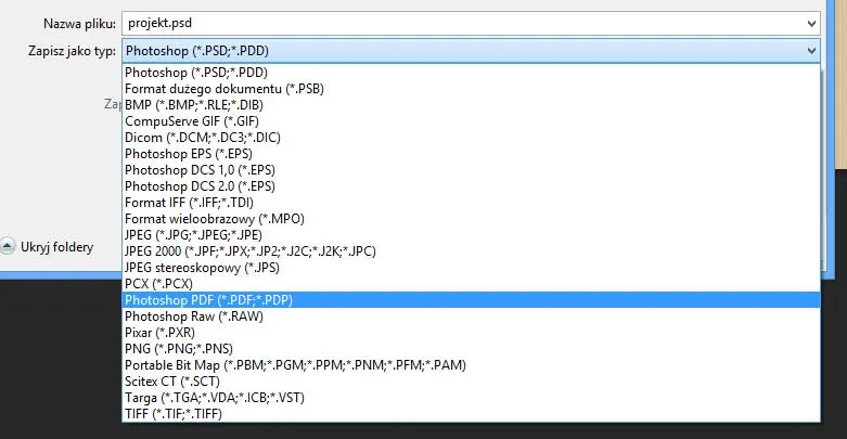 Photoshop menu Plik Zapisz jako Eksportuj jako