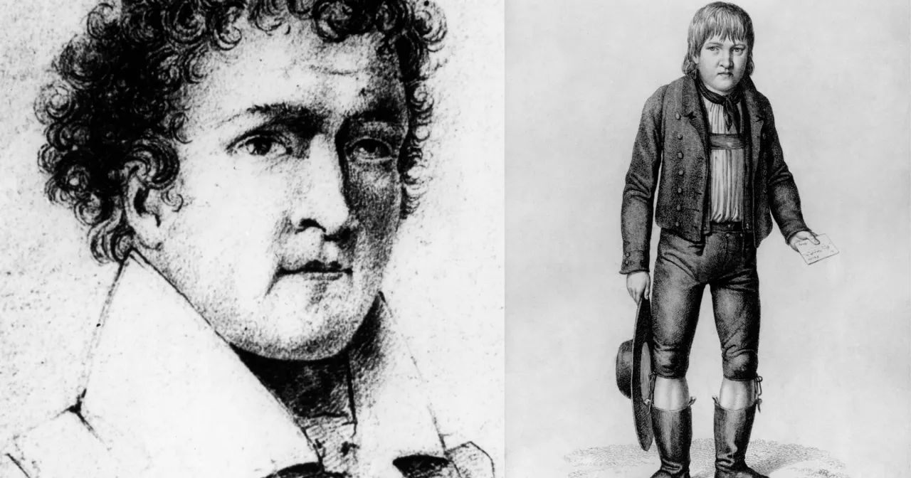 Portret mężczyzny z kręconymi włosami i rysunek chłopca w stroju z epoki, kt&oacute;ry trzyma list. Obie postacie budzą zagadkę Kaspara Hausera.