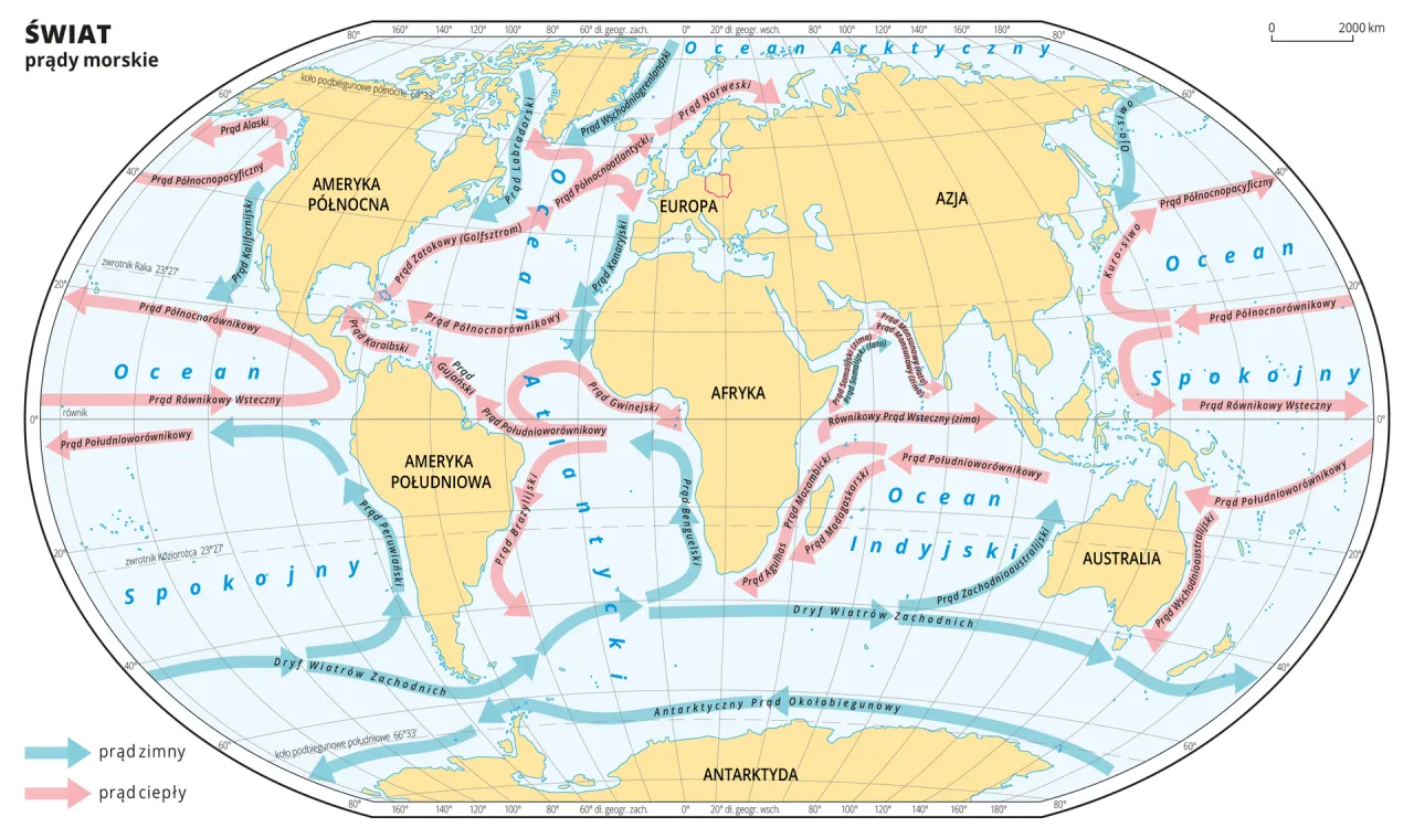 Mapa Ameryki Południowej prądy morskie i Andy