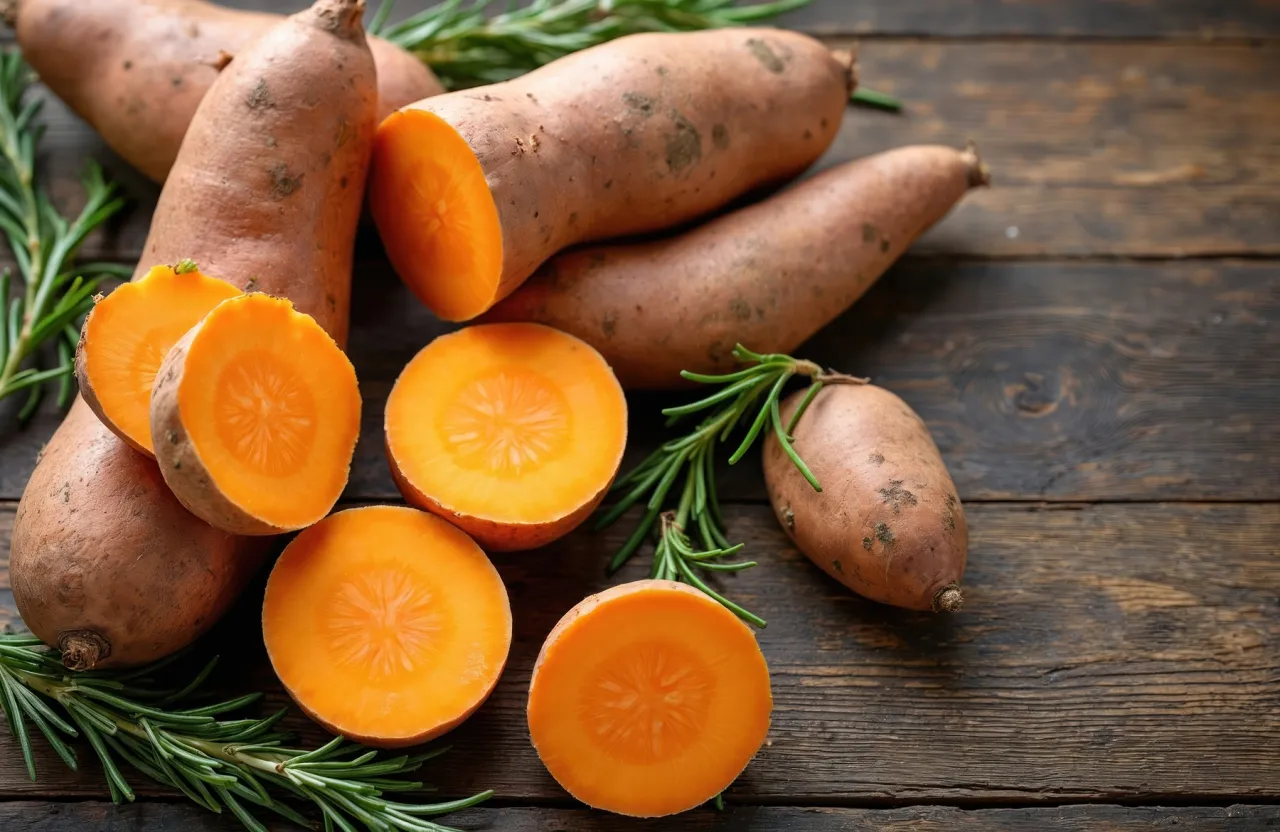 Pomarańczowe bataty, niekt&oacute;re przekrojone, leżą na drewnianym blacie z gałązkami rozmarynu. Czy pies może jeść bataty? Tak, to zdrowy przysmak!