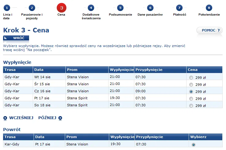 Przykładowe ceny biletów promowych do Szwecji