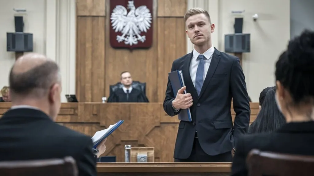 osoba rozmawiająca z prawnikiem w sądzie