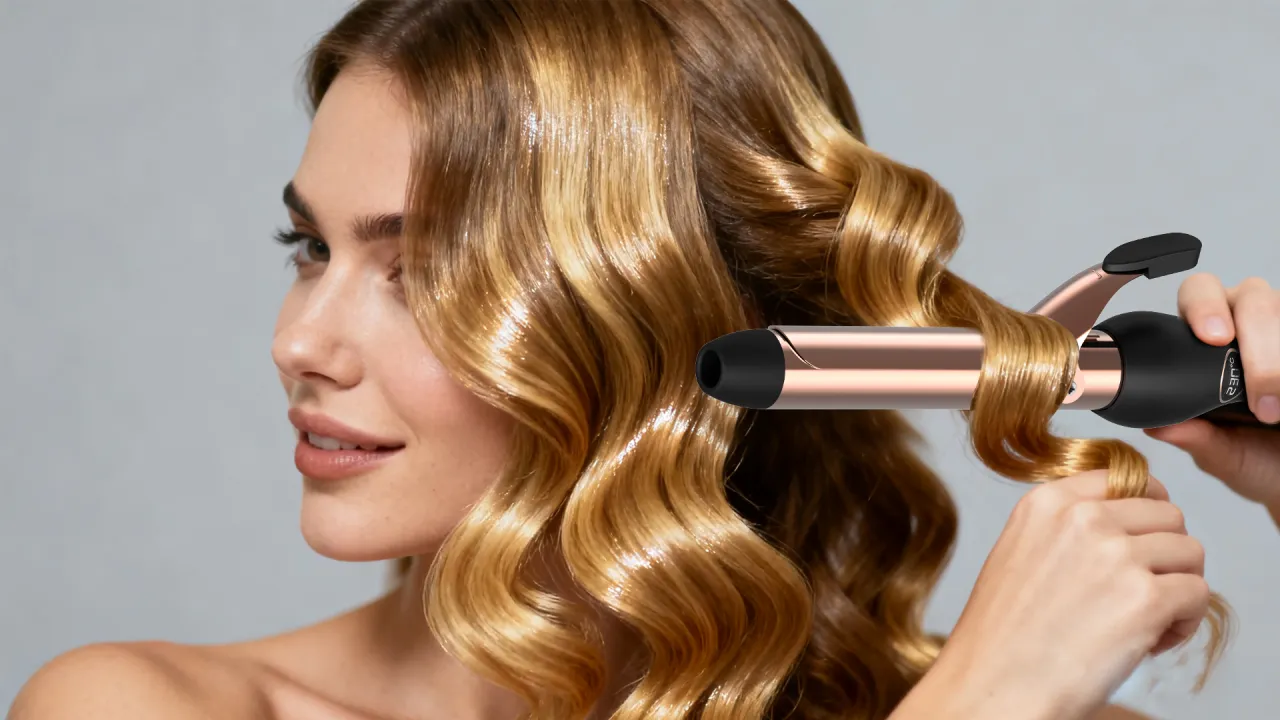 Piękna kobieta z falowanymi włosami, kt&oacute;ra właśnie utrwala loki z prostownicy.