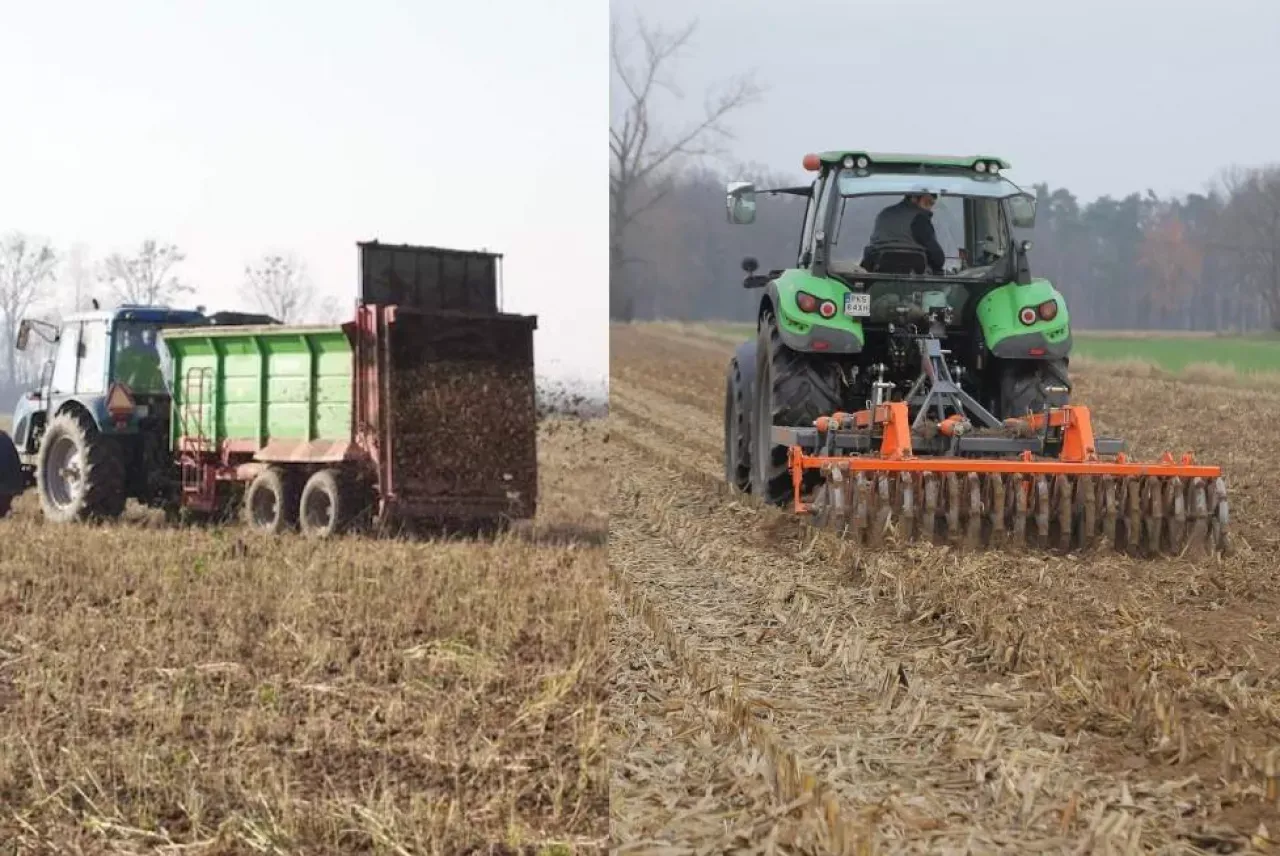 Traktor z przyczepą rozrzuca obornik, a drugi traktor z agregatem uprawia pole. Działania te mogą przynieść ekoschematy punkty.