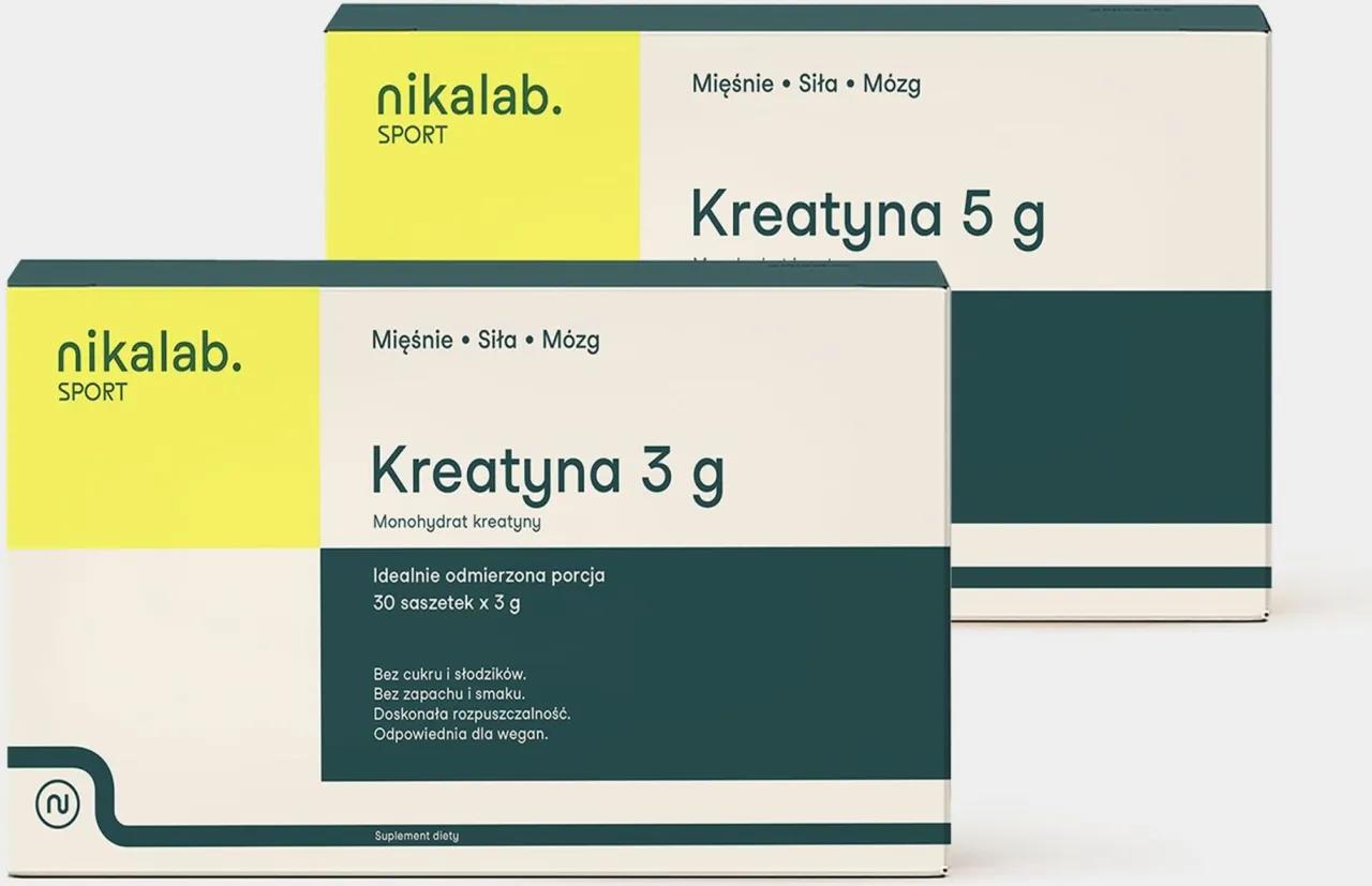 Dwie paczki kreatyny NIKALAB SPORT. Jedna 3g, druga 5g. Czy kreatyna jest wegańska? Tak, produkt jest odpowiedni dla wegan.