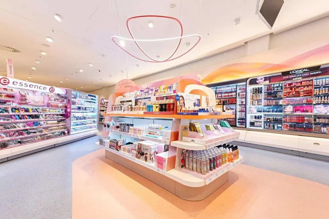 Wnętrze czeskiej drogerii DM z produktami kosmetycznymi