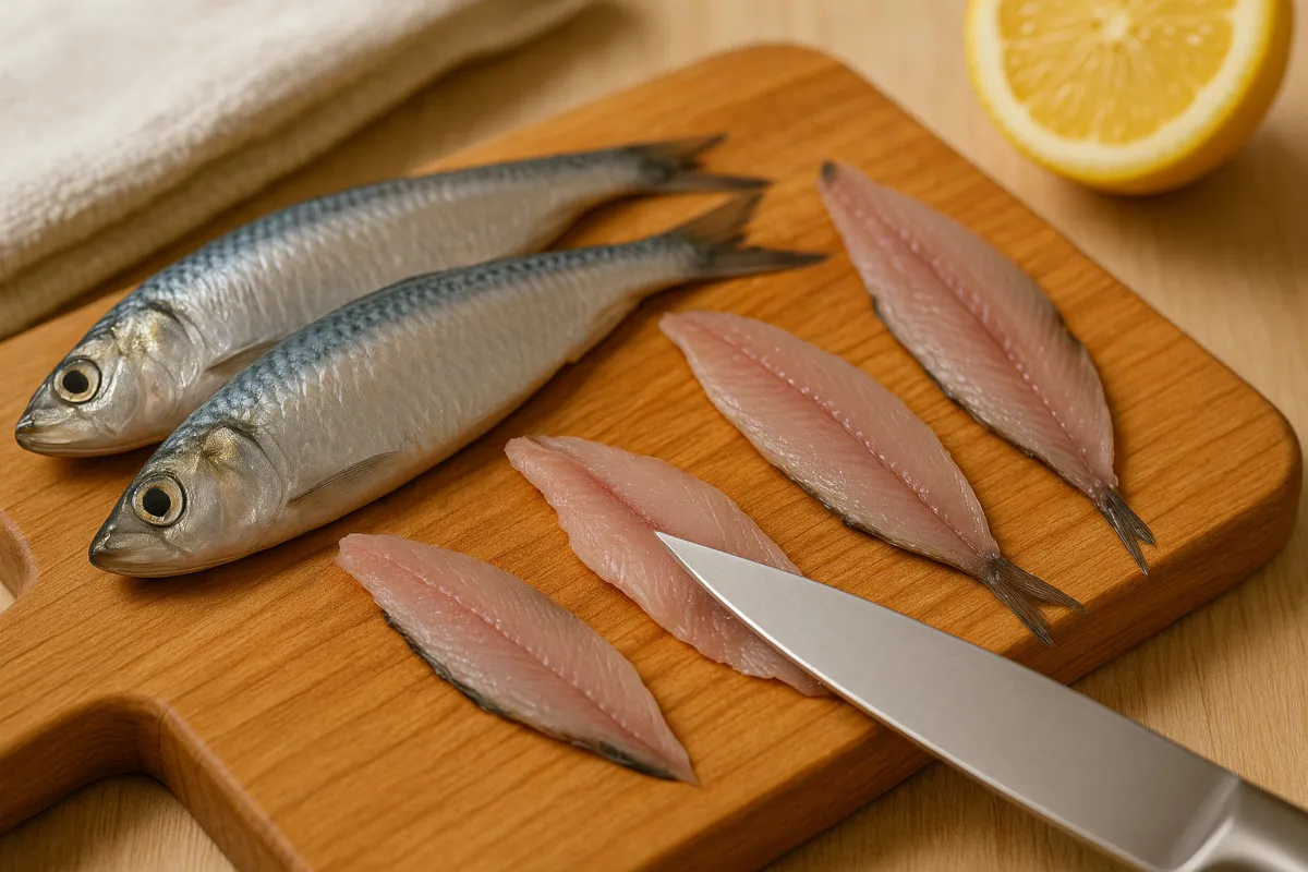 sardines fra&icirc;ches nettoy&eacute;es sur planche &agrave; d&eacute;couper