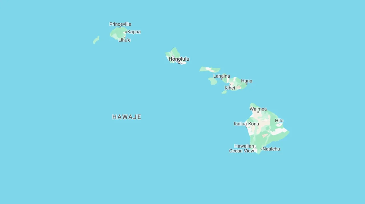 Mapa pokazuje, gdzie leżą Hawaje na oceanie. Widoczne są wyspy z nazwami miast: Honolulu, Hilo, Kailua-Kona.