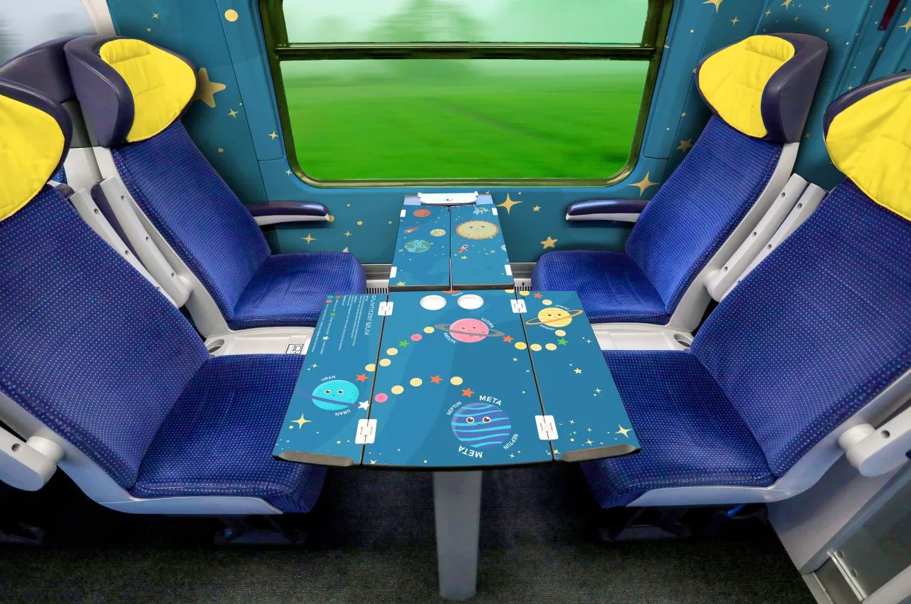 Wnętrze pociągu EIP z siedzeniami w kolorze niebieskim i żółtym, ozdobione motywem kosmicznym. Na stoliku widoczna gra planszowa z planetami.