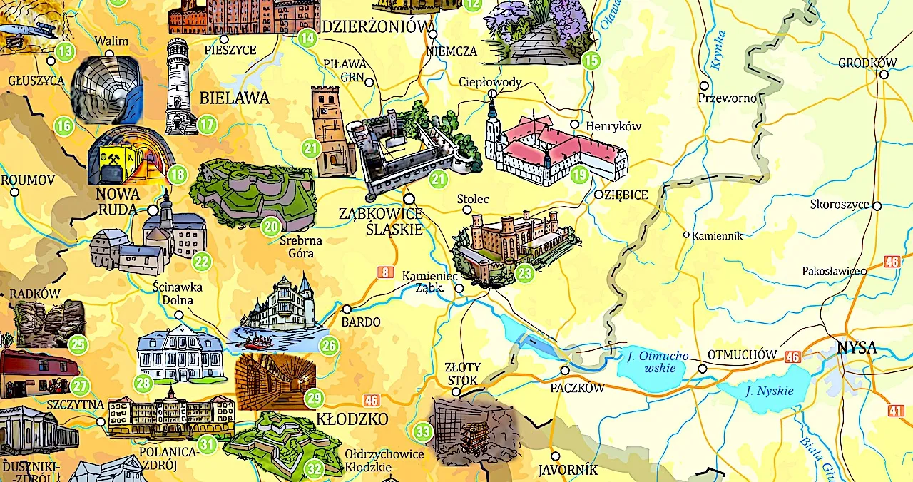 Mapa atrakcji okolice Kamieniec Ząbkowicki Dolny Śląsk