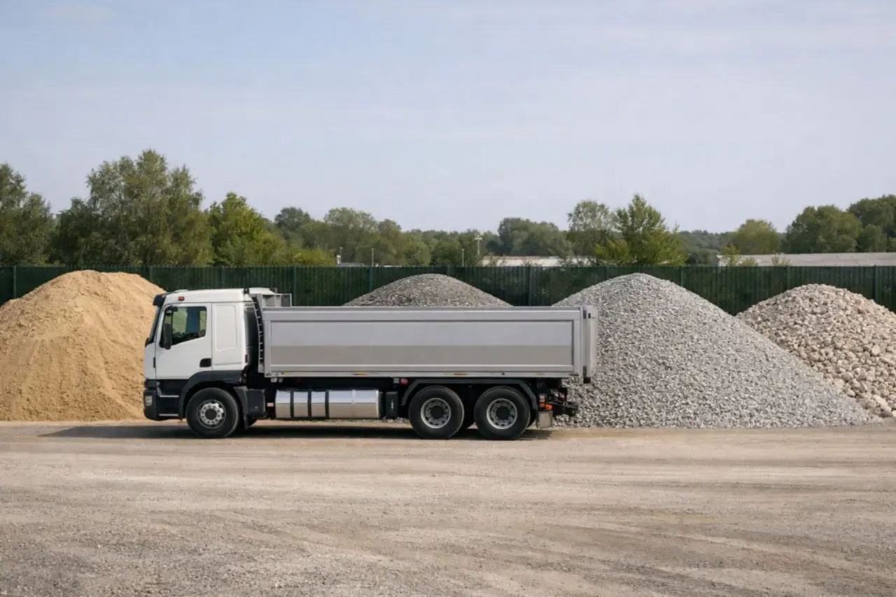 Ciężarówka stoi obok sterty piasku, żwiru i kamieni. Zastanawiasz się, ile kosztuje tona piasku?