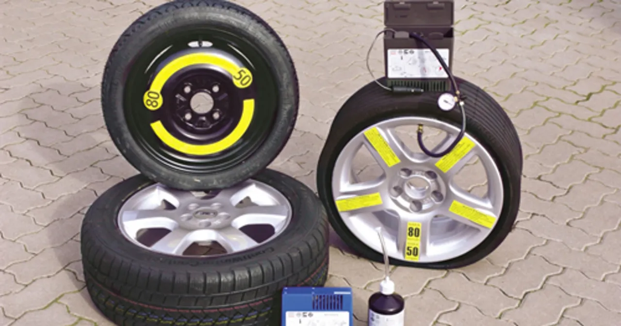 Zestaw naprawczy do opon: kompresor, płyn uszczelniający i koło dojazdowe. To alternatywa co zamiast koła zapasowego.