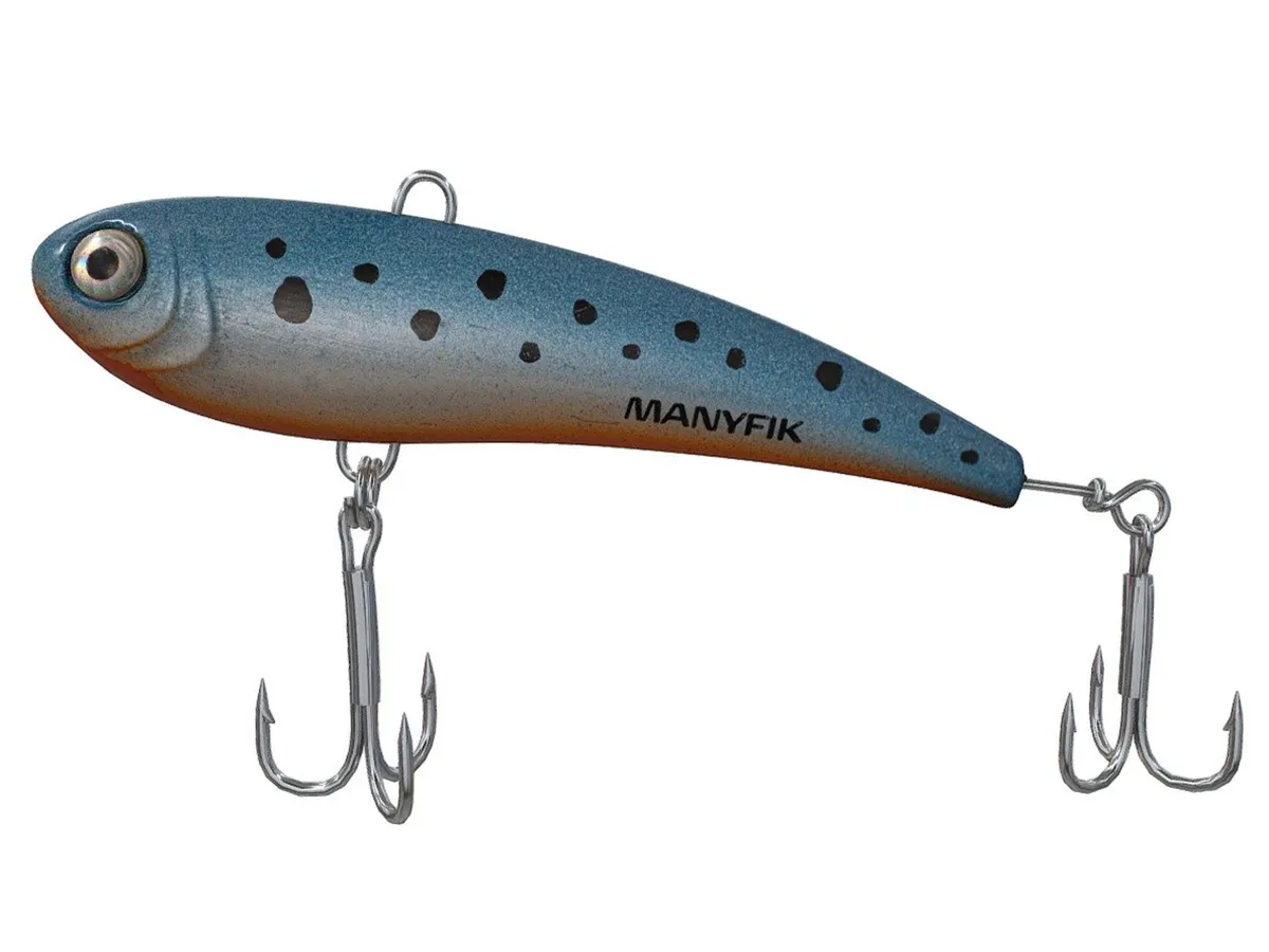 Niebiesko-pomarańczowa przynęta spinningowa z czarnymi kropkami i dwoma potr&oacute;jnymi hakami. Idealna na spinning, imituje małą rybkę.