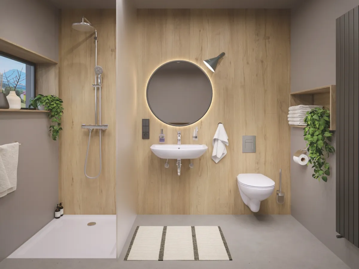 Nowoczesna łazienka z prysznicem z oknem w środku, umywalką, toaletą i drewnianymi akcentami.