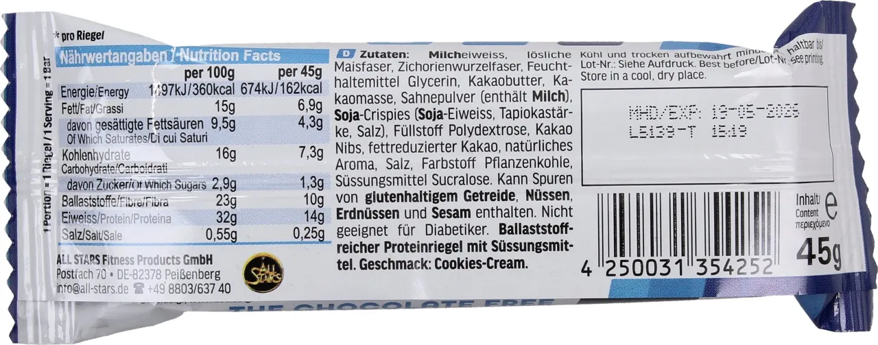 Etykieta batona proteinowego, skład odżywczy, cukry, białko