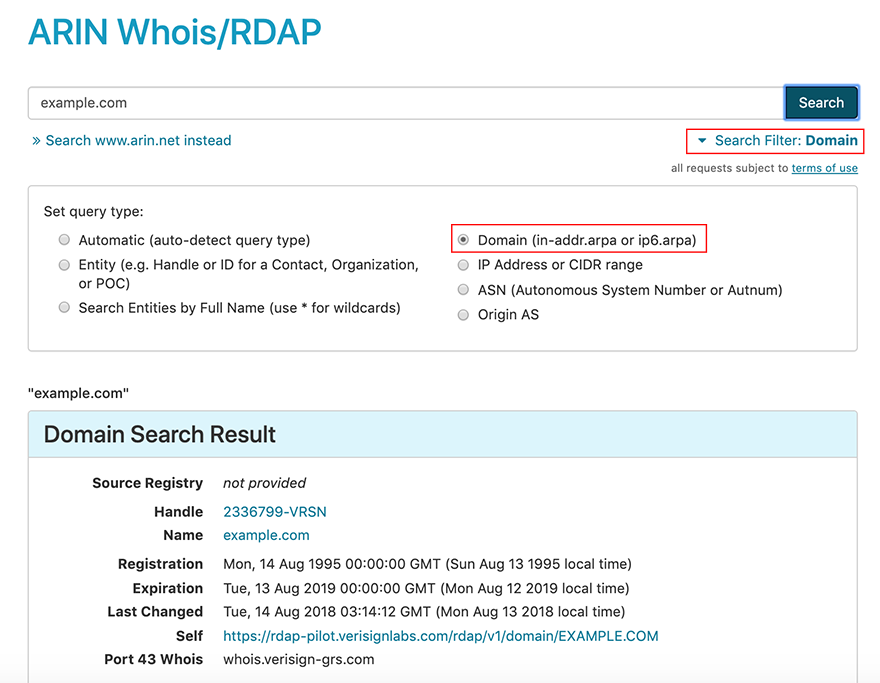 WHOIS search interface example