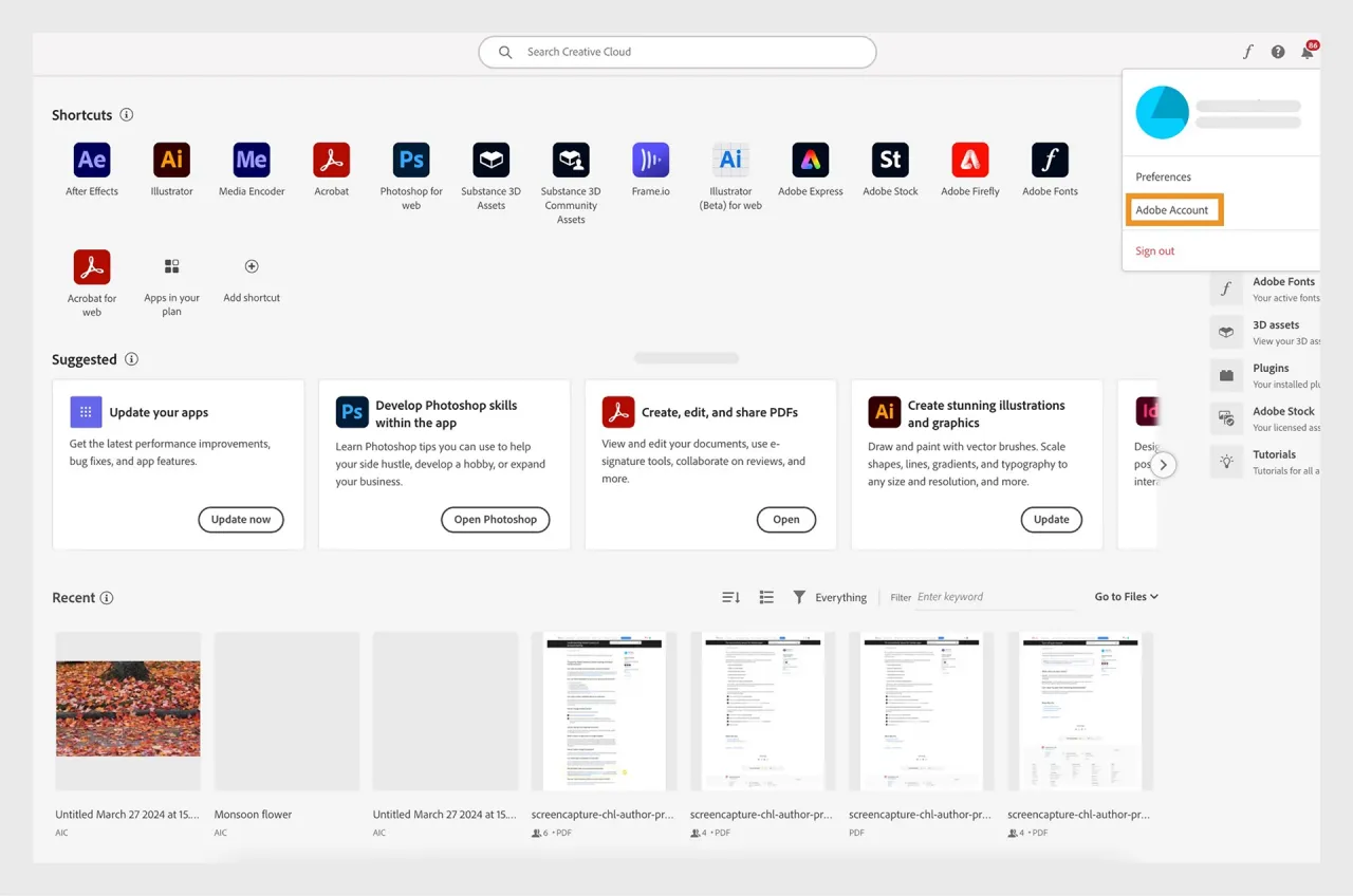Adobe konto Creative Cloud zarządzanie planem
