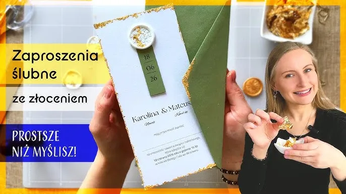 eleganckie zaproszenia ślubne ze złotymi zdobieniami DIY