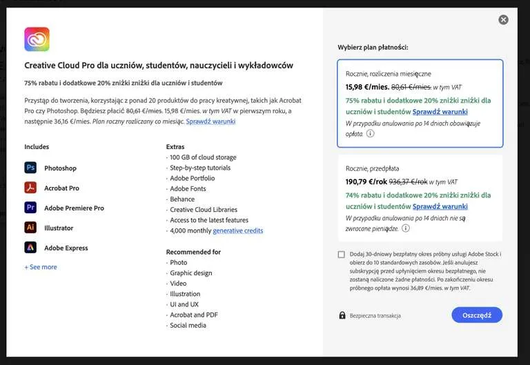 Adobe zniżki edukacyjne Creative Cloud