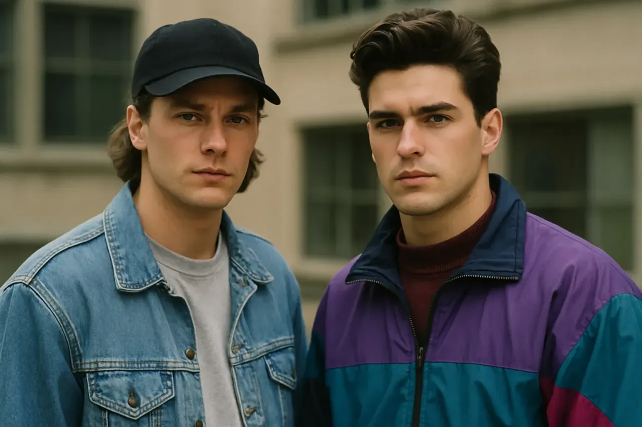 Moda męska lata 90 stylizacje baggy jeans dres ortalion